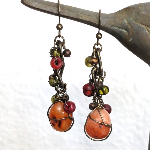 Carnelian,  Brass Tone Drop Earrings Pierced - Picture 1 of 6